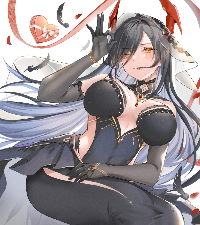 1girl azur_lane bangs between_breasts black_dress black_feathers black_hair breasts collared_dress detached_sleeves dress drooling elbow_gloves feathers friedrich_der_grosse_(azur_lane) gloves hair_in_mouth hand_on_lap hand_up headgear highres jewelry large_breasts looking_at_viewer necklace rero_(bigdoorbig2) saliva saliva_trail see-through tongue tongue_out yellow_eyes