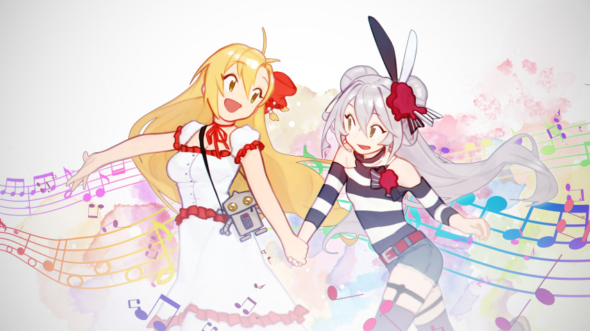 2girls animal_ears antenna_hair beamed_eighth_notes belt black_legwear black_shirt blonde_hair clothing_cutout commentary cowboy_shot double_bun dress eighth_note eleanor_forte english_commentary frilled_dress frills garter_belt green_eyes grey_hair hair_ornament hair_ribbon highres holding_hands irarugii long_hair looking_at_another multiple_girls musical_note open_mouth outstretched_arm puffy_short_sleeves puffy_sleeves quarter_note rabbit_ears red_ribbon ribbon shirt short_shorts short_sleeves shorts shoulder_cutout skindentation smile staff_(music) striped striped_shirt synthesizer_v thigh-highs tsurumaki_maki two-tone_shirt very_long_hair voiceroid walking white_dress white_shirt