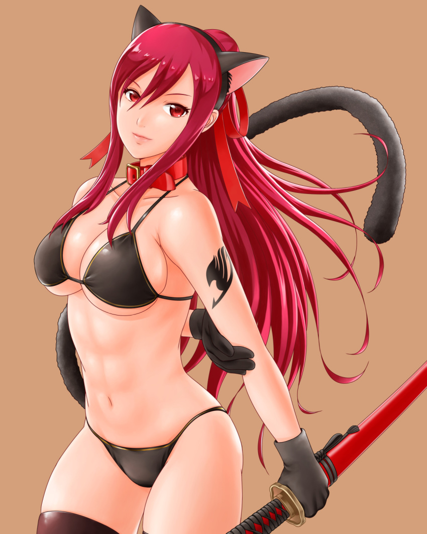 1girl ameisensou animal_collar animal_ears arm_behind_back arm_tattoo bangs bikini black_bikini black_gloves black_legwear breasts brown_background cat_ears cat_tail closed_mouth collar collarbone cowboy_shot erza_scarlet fairy_tail gloves hair_between_eyes hair_ribbon highres holding holding_sword holding_weapon katana large_breasts lips long_hair looking_at_viewer navel ponytail red_collar red_eyes red_ribbon redhead ribbon sheath sheathed simple_background skindentation solo stomach swimsuit sword tail tattoo thigh-highs weapon