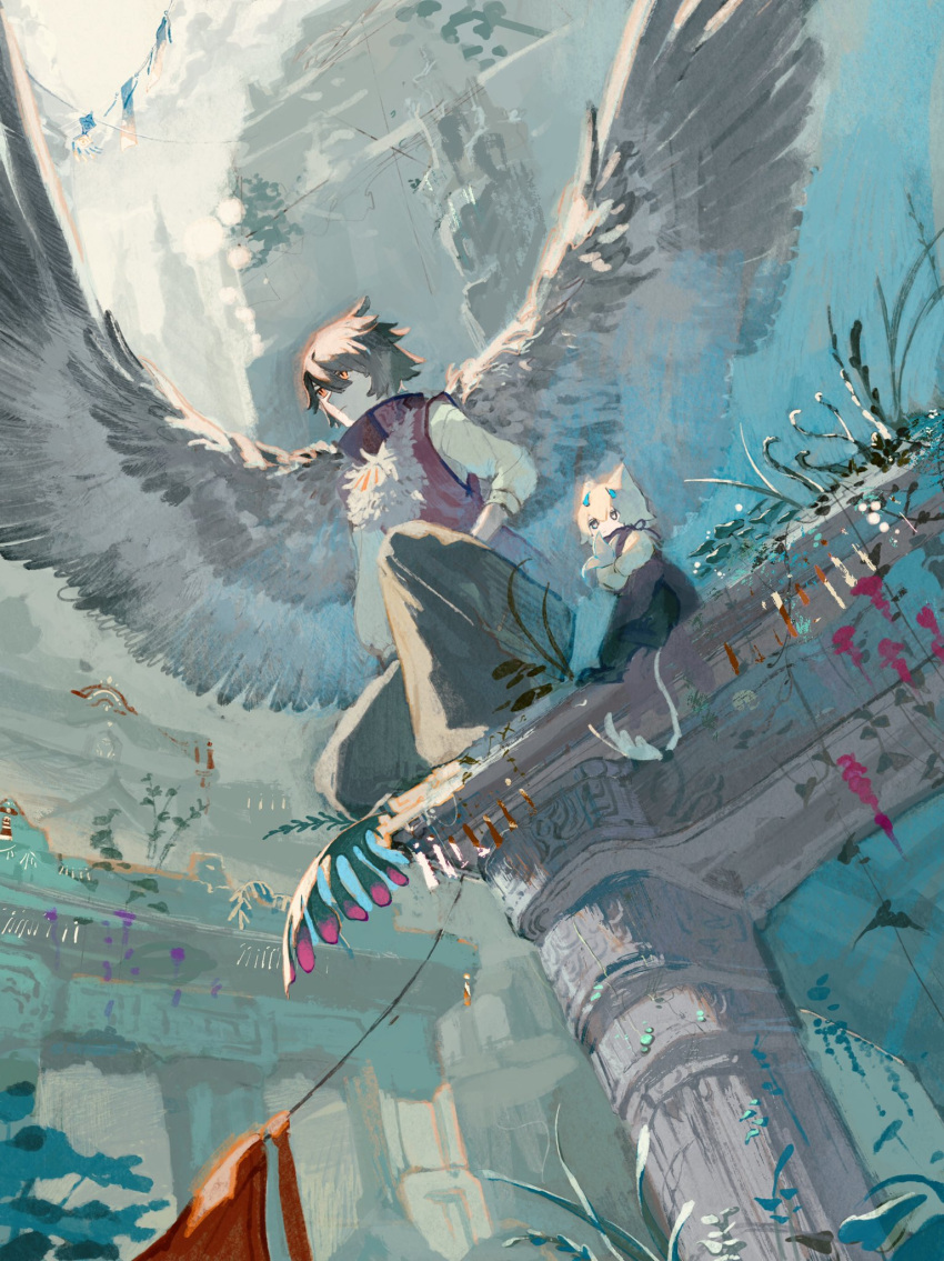1girl 1other animal_ears baggy_pants bird_boy bird_wings black_pants brown_hair brown_pants brown_wings child closed_mouth feathered_wings full_body fur-tipped_tail hands_up high_collar highres holding holding_plant kusariuta long_sleeves looking_to_the_side monster_boy neck_fur orange_eyes original outdoors pants pillar plant red_vest shirt short_hair sitting spread_wings squatting tail vest white_hair white_shirt wings