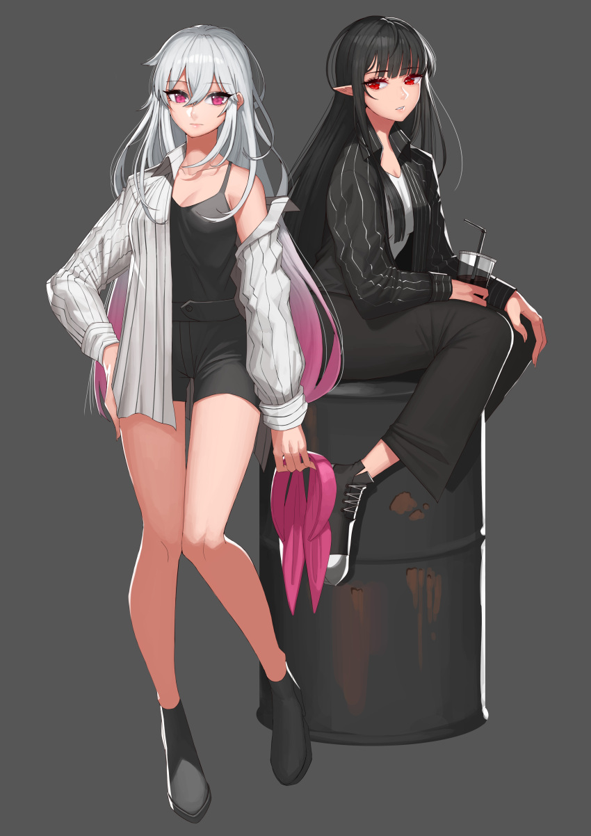 2girls absurdres black_camisole black_footwear black_hair black_jacket black_pants black_shorts camisole character_request closed_mouth cup disposable_cup drinking_straw drum_(container) dungeon_and_fighter grey_background highres holding holding_cup jacket long_hair long_sleeves looking_at_viewer multiple_girls open_clothes open_jacket pants parted_lips pink_eyes pointy_ears red_eyes rktlek159 shirt shorts simple_background sitting white_hair white_jacket white_shirt