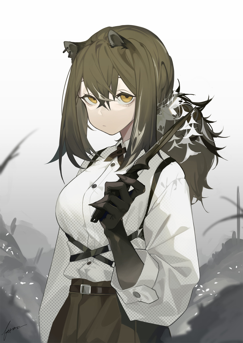 1girl animal_ears animal_hands arknights bags_under_eyes black_skirt commentary ear_piercing fataaa hair_between_eyes hand_up highres holding holding_knife knife long_hair long_sleeves looking_at_viewer piercing ponytail raccoon_ears robin_(arknights) shirt signature skirt solo upper_body white_shirt yellow_eyes
