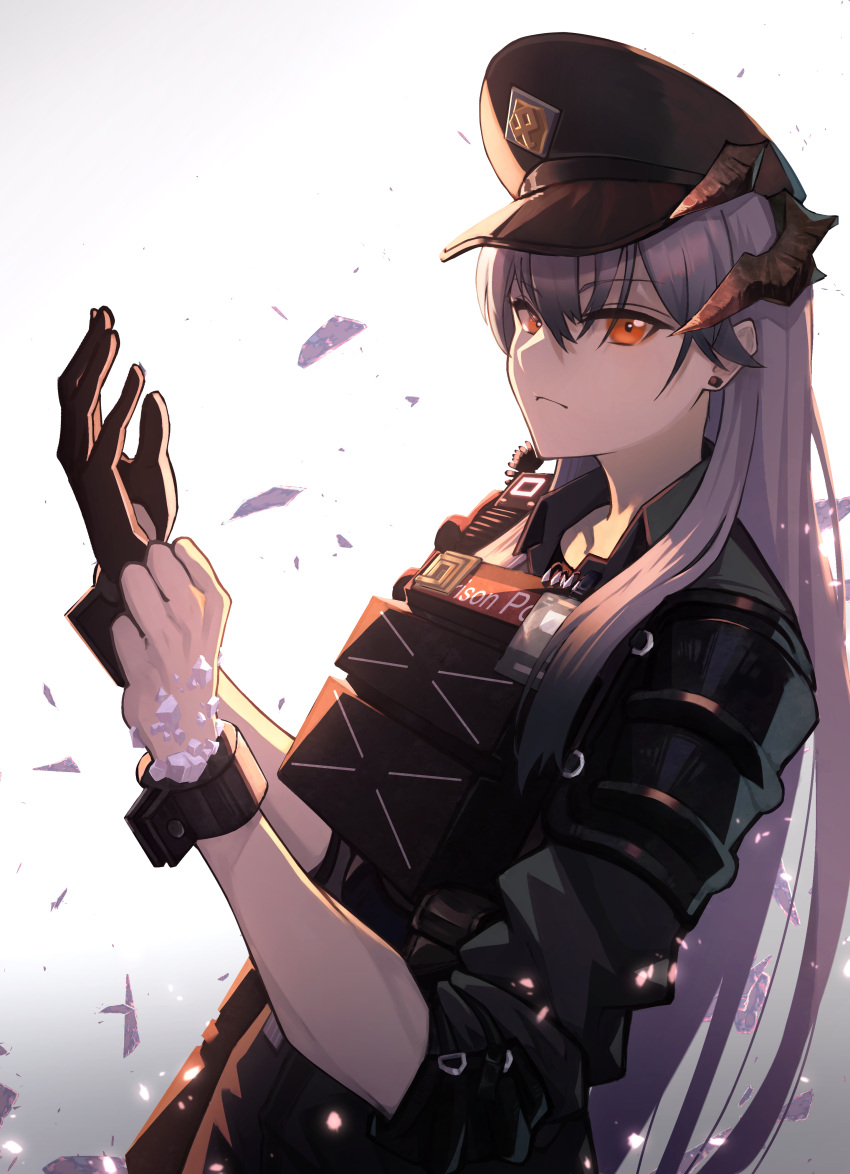 1girl absurdres adjusting_clothes adjusting_gloves arknights ayatama bangs black_headwear commentary dragon_girl dragon_horns earrings expressionless eyebrows_visible_through_hair from_side gloves hat highres horns jewelry long_hair looking_at_viewer looking_to_the_side official_alternate_costume orange_eyes plate_carrier police police_hat police_uniform saria_(arknights) saria_(the_law)_(arknights) silver_hair single_glove sleeves_rolled_up solo stud_earrings tactical_clothes uniform upper_body walkie-talkie white_background