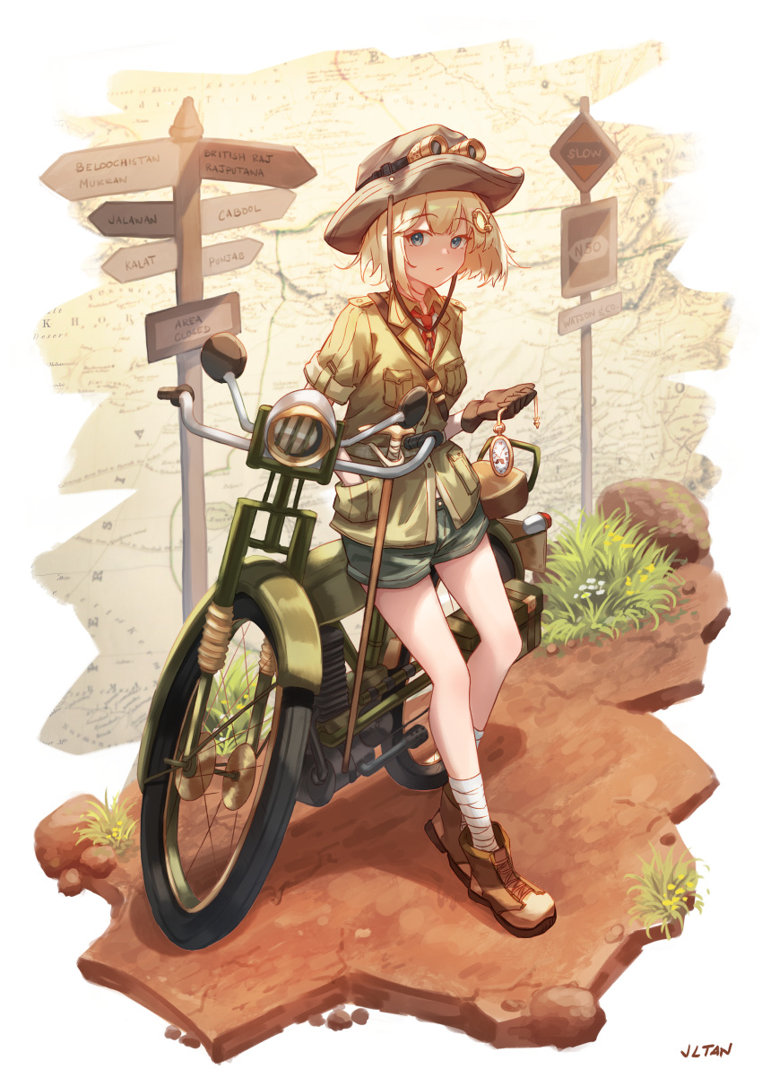 1girl absurdres bangs blonde_hair blue_eyes boots brown_footwear eyebrows_visible_through_hair gloves ground_vehicle hair_ornament hat highres hololive hololive_english holomyth huge_filesize jl_tan leaning_against_motorcycle leaning_on_object monocle_hair_ornament motor_vehicle motorcycle nature necktie outdoors pocket_watch safari_jacket short_hair short_shorts short_sleeves shorts solo virtual_youtuber watch watson_amelia