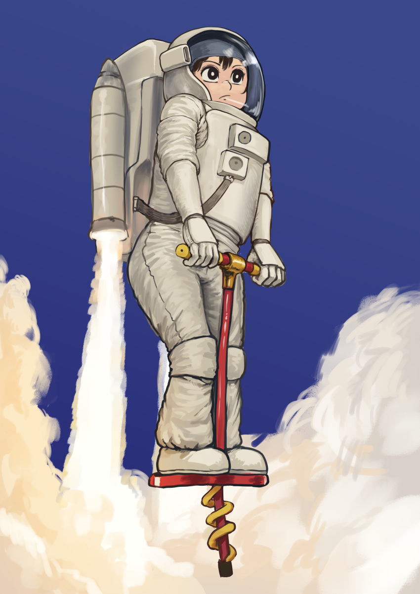 1girl absurdres astronaut black_eyes blue_background bright_pupils chanta_(ayatakaoisii) full_body highres jetpack original pogo_stick smoke solo space_helmet spacesuit white_pupils