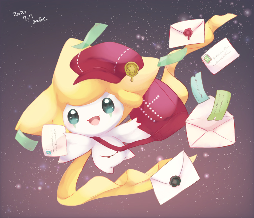 :d bag commentary_request dated envelope gen_3_pokemon green_eyes green_ribbon hat hatted_pokemon holding holding_envelope jirachi mkt_(buizu-miki) mythical_pokemon no_humans open_mouth pokemon pokemon_(creature) red_bag red_headwear ribbon shoulder_bag smile solo tongue wax_seal
