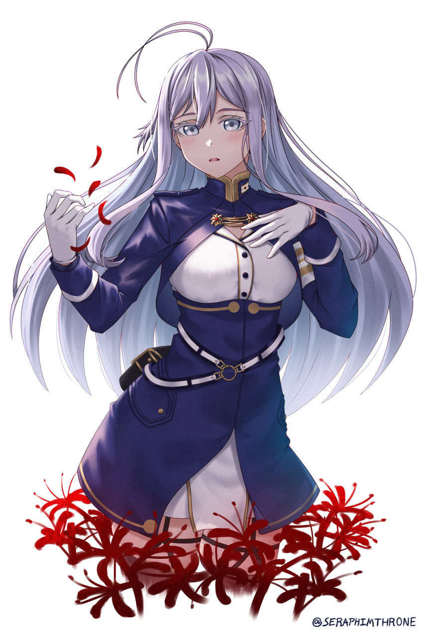 1girl 86_-eightysix- absurdres ahoge bangs belt belt_pouch blush cowboy_shot flower garter_straps gloves grey_eyes hair_between_eyes hand_on_own_chest hand_up highres long_hair military military_uniform parted_lips petals pouch red_flower seraphim_throne signature silver_hair simple_background solo thigh-highs uniform vladilena_millize white_background white_gloves