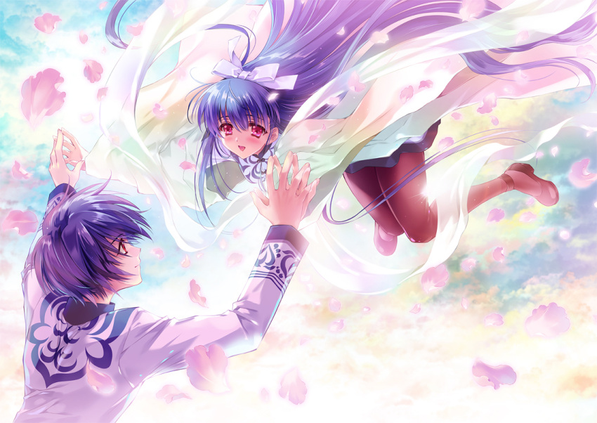 1boy 1girl bangs black_footwear black_legwear blue_hair blue_sky blush bow carnelian clouds commentary_request couple day dress eyebrows_visible_through_hair full_body hair_between_eyes hair_bow hetero holding_hands kamiazuma_touka kawakabe_momoka light_smile long_hair long_sleeves looking_at_another open_mouth pantyhose petals red_eyes school_uniform shoes sky touka_gettan very_long_hair white_bow