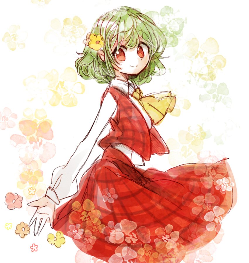 1girl ascot blush closed_mouth collared_shirt cowboy_shot floral_background flower from_side green_hair hair_flower hair_ornament happy hiroshige_36 kazami_yuuka long_sleeves looking_at_viewer looking_to_the_side no_pupils open_clothes open_vest plaid plaid_skirt plaid_vest red_eyes red_skirt red_vest shiny shiny_hair shirt short_hair sketch skirt smile solo touhou vest white_background white_shirt wind yellow_neckwear