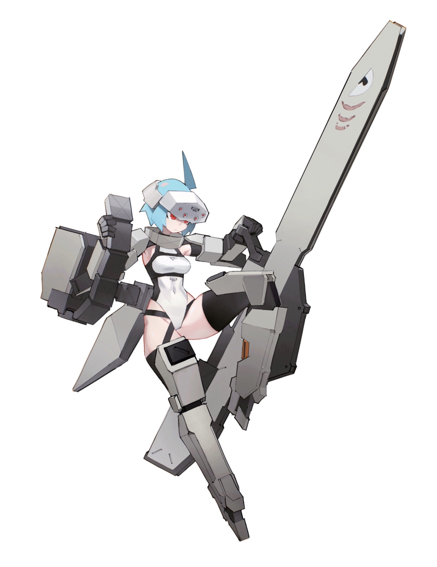 1girl absurdres ahoge armor blue_hair commentary_request covered_navel eye_print full_body gun head_mounted_display highres holding holding_weapon leotard mecha_musume original red_eyes rifle sadcat science_fiction serious short_hair solo weapon white_background