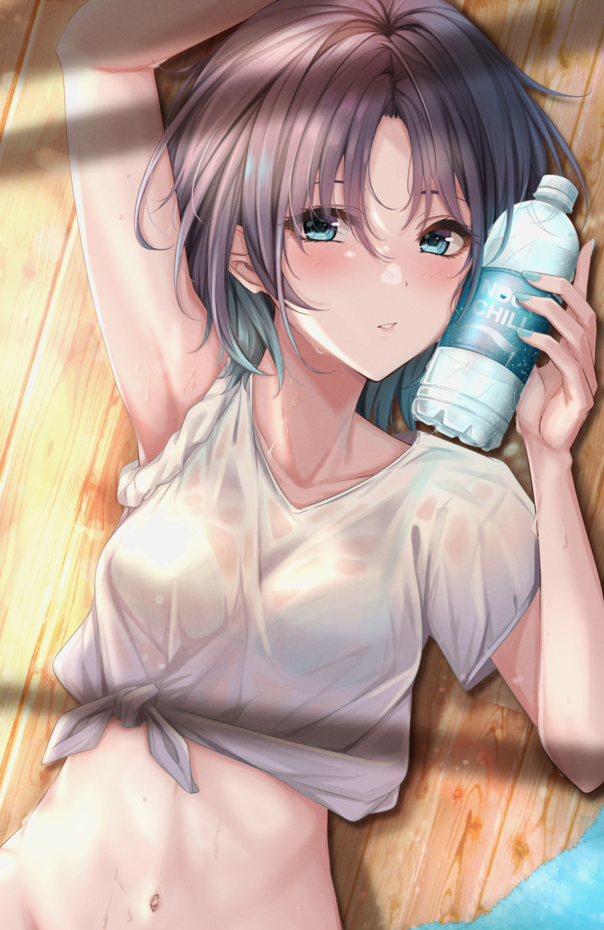 1girl arm_up asakura_tooru bangs blue_bra blue_eyes blue_nails blush bottle bottle_to_cheek bra breasts collarbone gradient_hair highres holding holding_bottle idolmaster idolmaster_shiny_colors looking_at_viewer lying multicolored_hair nail_polish navel on_back on_floor parted_bangs parted_lips plastic_bottle purple_hair see-through shirt short_sleeves sleeves_rolled_up small_breasts smile solo tied_shirt underwear upper_body water_bottle wet wet_clothes wet_shirt white_shirt wooden_floor yuzuyu_(hyui)