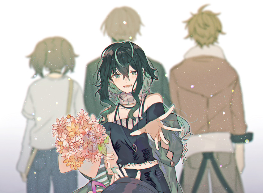 1girl 3boys bangs black_hair black_shirt black_skirt blue_pants bouquet brown_hair brown_jacket brown_pants collarbone commission denim female_pov flower gaon_(nijisanji) green_hair green_jacket grey_scarf han_chi_ho highres holding holding_bouquet jacket jeans long_hair min_suha multiple_boys nijisanji nijisanji_kr off-shoulder_shirt off_shoulder open_hand open_mouth pants pov roji_(roji_xx) scarf second-party_source shin_yuya shirt skirt smile sweater twintails virtual_youtuber white_sweater wiffy