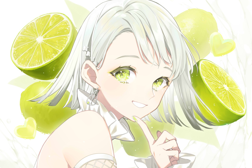 1girl absurdres bare_shoulders earrings finger_to_own_chin fingernails food fruit green_eyes green_nails green_theme hair_ornament hairclip hand_up heart highres jewelry lime_(fruit) looking_at_viewer medium_hair nail_polish original smile sogawa solo white_hair