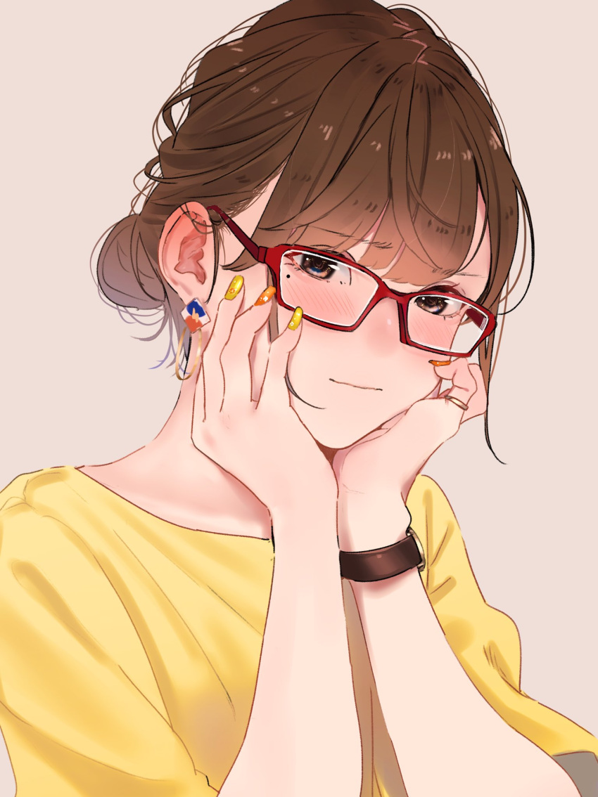 1girl bangs blush brown_eyes brown_hair closed_mouth glasses hands_on_own_face head_tilt highres long_hair long_sleeves looking_at_viewer mole mole_under_eye nail_polish original ponytail red-framed_eyewear saitou_(lynx-shrike) shirt simple_background solo watch yellow_shirt