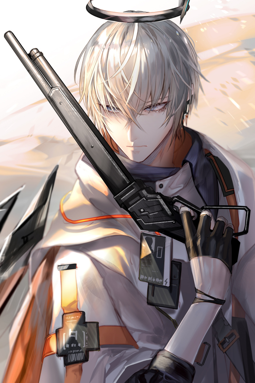 1boy absurdres arknights bangs black_gloves commentary_request executor_(arknights) gloves grey_eyes gun hair_between_eyes halo highres holding holding_gun holding_weapon lever_action male_focus pottsness short_hair silver_hair upper_body weapon white_jacket