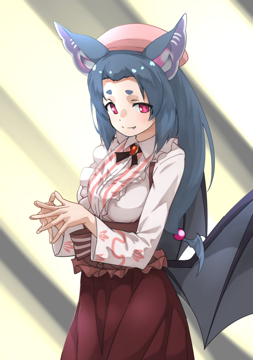 absurdres animal_ears bat_ears bat_girl bat_wings black_neckwear brown_skirt center_frills collared_shirt fang fingers_together forehead fraternal_myotis_(kemono_friends) frilled_sleeves frills grey_hair highres kemono_friends kemono_friends_3 long_hair long_sleeves looking_at_viewer official_alternate_costume red_eyes shirt skirt tanabe_(fueisei) white_shirt wings