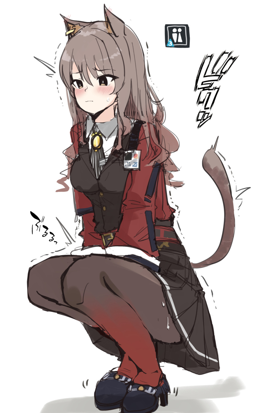 1girl absurdres akakama animal_ear_fluff animal_ears arknights bangs belt between_legs black_legwear black_neckwear black_skirt black_vest blue_footwear blush brown_eyes brown_hair cat_ears cat_girl cat_tail closed_mouth collared_shirt commentary_request ear_blush ear_clip embarrassed eyebrows_visible_through_hair full_body gradient gradient_hair gradient_legwear hand_between_legs have_to_pee high_heels highres id_card jacket legs_together long_hair long_sleeves miniskirt multicolored_hair necktie open_clothes open_jacket pleated_skirt red_jacket red_legwear shiny shiny_hair shirt shoes sidelocks simple_background sketch skirt skyfire_(arknights) solo squatting sweat tail translation_request trembling v_arms vest white_background white_shirt