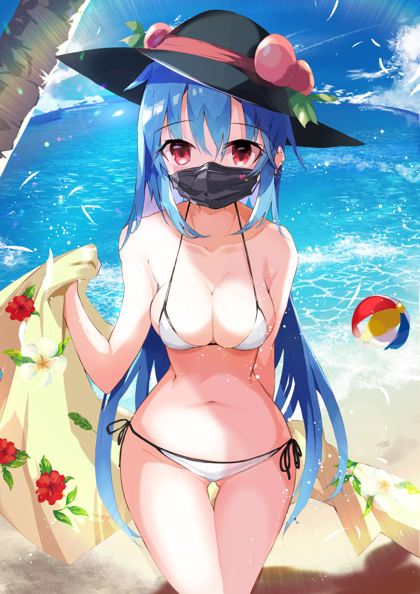 absurdres ass_visible_through_thighs ball beach beachball bikini black_headwear blanket blue_hair breasts celestial floral_print food fruit hat hat_ribbon highres hinanawi_tenshi leaf long_hair mask medium_breasts mouth_mask navel ocean outdoors palm_tree peach red_eyes red_ribbon ribbon sand swimsuit tetsurou_(fe+) touhou tree white_swimsuit