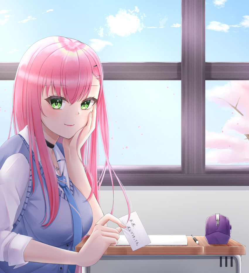 1girl absurdres anchor_necklace azur_lane bangs black_choker blue_neckwear blue_sky blue_sweater blush book breasts cherry_blossoms choker classroom closed_mouth clouds collared_shirt commentary_request day desk eyebrows_visible_through_hair green_eyes hair_between_eyes hair_ornament hairclip head_rest highres holding holding_paper indoors jewelry konparu_uran large_breasts long_hair looking_at_viewer memphis_(a_breath_of_fresh_air)_(azur_lane) memphis_(azur_lane) necklace necktie official_alternate_costume open_book paper pen pencil_case pink_hair school_desk school_uniform shirt sidelocks sitting sky sleeves_rolled_up smile solo sweater sweater_vest translation_request tree upper_body white_shirt window