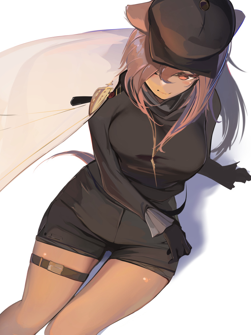 1girl absurdres animal_ear_fluff animal_ears arknights black_gloves black_headwear black_shirt black_shorts cabbie_hat cape commentary cowboy_shot gloves gravel_(arknights) gravel_(modeling_night)_(arknights) grey_eyes hat highres jewelry long_hair long_sleeves looking_at_viewer mouse_ears official_alternate_costume pink_hair shirt shorts sinoda sitting smile solo thigh_strap thighs white_background white_cape