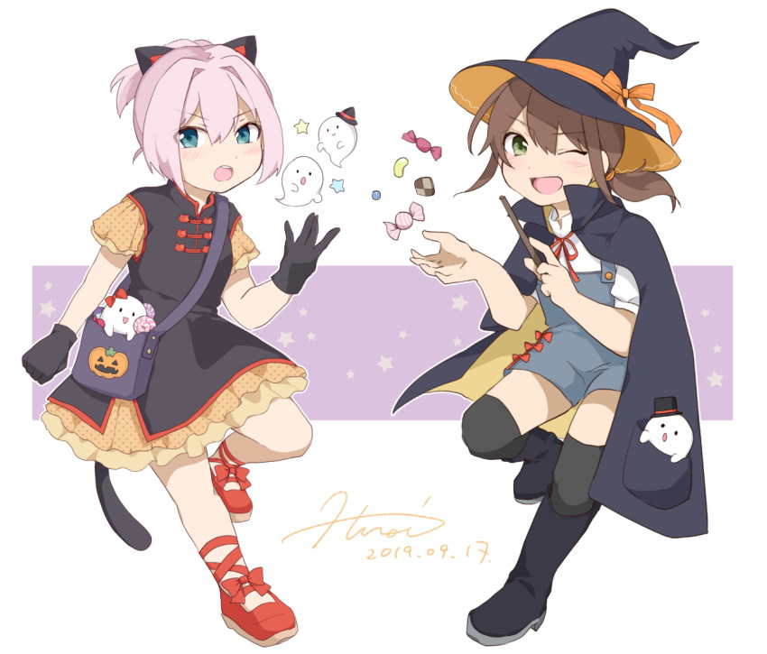 alternate_costume animal_ears bag black_cape black_dress black_footwear black_headwear black_legwear boots brown_hair cape cat_ears cat_tail dated dress fake_animal_ears frilled_dress frills fubuki_(kancolle) full_body ghost green_eyes hat hiroe_(cosmos_blue-02_421) jack-o'-lantern kantai_collection long_hair looking_at_viewer low_ponytail messenger_bag one_eye_closed overalls ponytail red_footwear shiranui_(kancolle) shirt short_ponytail short_sleeves shoulder_bag sidelocks signature smile tail thigh-highs two-tone_dress wand white_shirt witch_hat