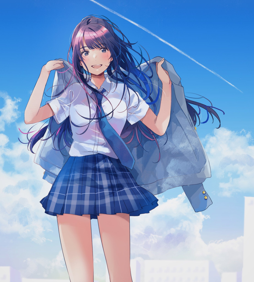 1girl bangs blue_neckwear blue_skirt blue_sky blush building clouds condensation_trail fly_(marguerite) grey_jacket hands_up highres holding jacket long_hair long_sleeves looking_at_viewer necktie open_mouth original outdoors plaid plaid_skirt pleated_skirt purple_hair school_uniform shirt short_sleeves skirt sky smile solo standing violet_eyes white_shirt