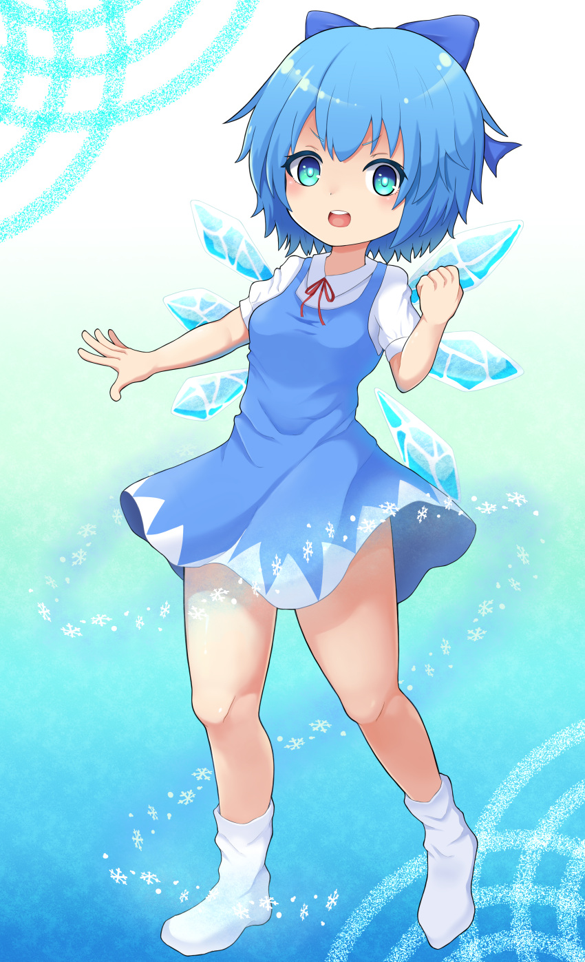 1girl :d absurdres blue_background blue_bow blue_dress blue_eyes blue_hair blush bow breasts bright_pupils cirno clenched_hand commentary_request dress full_body gradient gradient_background hand_up highres huge_filesize ice ice_wings jyaita open_mouth pinafore_dress red_neckwear red_ribbon ribbon short_hair simple_background small_breasts smile snowflakes socks solo standing touhou v-shaped_eyebrows white_legwear wings