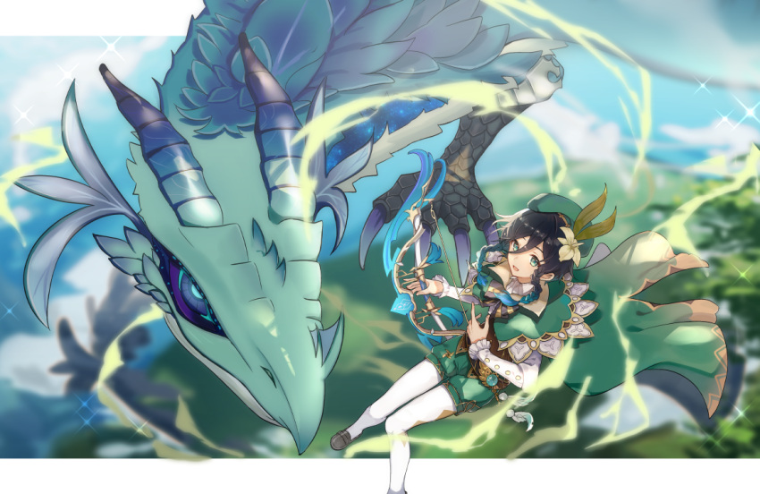 1boy androgynous argyle argyle_legwear bangs beret black_hair blue_hair blurry blurry_background bow bow_(weapon) braid chieezuik collared_cape collared_shirt commentary_request corset day dragon dvalin_(genshin_impact) feathers floating flower frilled_sleeves frills genshin_impact gradient_hair green_eyes green_headwear green_shorts hair_flower hair_ornament hat holding holding_bow_(weapon) holding_weapon leaf long_sleeves looking_at_viewer male_focus multicolored_hair open_mouth outdoors pantyhose pinwheel shirt short_hair_with_long_locks shorts sidelocks smile sparkle twin_braids venti_(genshin_impact) vision_(genshin_impact) weapon white_flower white_legwear white_shirt wind