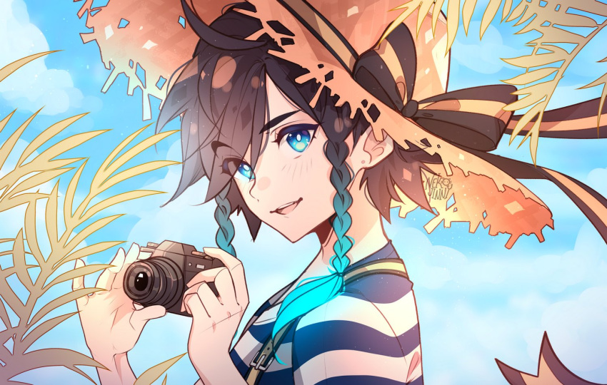 1boy androgynous bangs black_hair blue_hair blush braid camera clouds cloudy_sky commentary day english_commentary eyebrows_visible_through_hair eyes_visible_through_hair from_side genshin_impact gradient_hair green_eyes hat hat_ribbon holding holding_camera looking_at_viewer male_focus multicolored_hair nekojinnyart open_mouth outdoors ribbon short_hair_with_long_locks sidelocks sky smile solo straw_hat striped striped_swimsuit swimsuit symbol_commentary twin_braids venti_(genshin_impact)