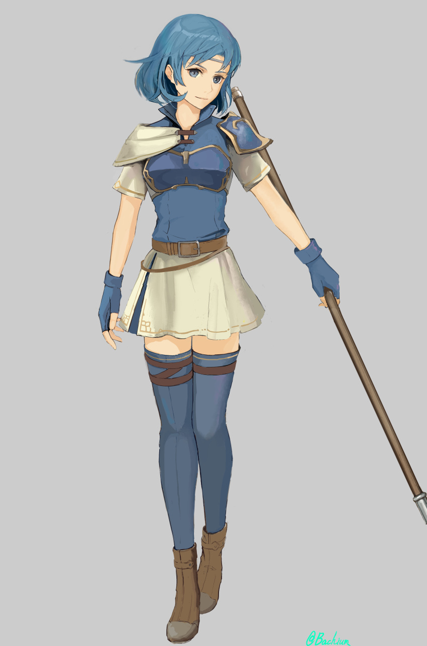 1girl absurdres armor bangs belt blue_eyes blue_hair boots breastplate circlet fingerless_gloves fire_emblem fire_emblem:_the_binding_blade full_body gloves highres holding holding_weapon lance looking_at_viewer pauldrons polearm samohichi short_hair shoulder_armor skirt smile solo thea_(fire_emblem) thigh-highs weapon zettai_ryouiki
