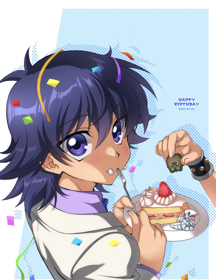 2boys absurdres bangs blue-eyes_white_dragon cake cake_slice character_doll commentary_request confetti dated eating eyebrows_visible_through_hair food food_on_face fork grey_jacket hair_between_eyes hands_up happy_birthday highres holding holding_fork holding_plate jacket kaiba_mokuba kuriboh long_hair long_sleeves looking_back male_focus multiple_boys plate purple_hair purple_shirt shirt udzuki_(tanachi381) upper_body violet_eyes yami_yuugi yu-gi-oh! yu-gi-oh!_duel_monsters