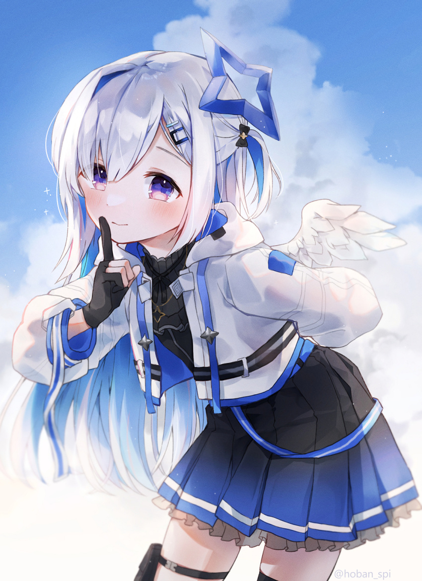 1girl amane_kanata arm_behind_back black_dress black_gloves blue_hair blue_sky blush closed_mouth clouds cloudy_sky commentary_request day dress feathered_wings finger_to_mouth frilled_dress frills gloves hair_ornament hairclip hand_up highres hololive hood hood_down hooded_jacket jacket leaning_forward long_hair long_sleeves multicolored_hair one_side_up open_clothes open_jacket outdoors partially_fingerless_gloves pleated_dress puffy_long_sleeves puffy_sleeves shushing silver_hair sky solo spi twitter_username two-tone_hair very_long_hair violet_eyes virtual_youtuber white_jacket white_wings wings