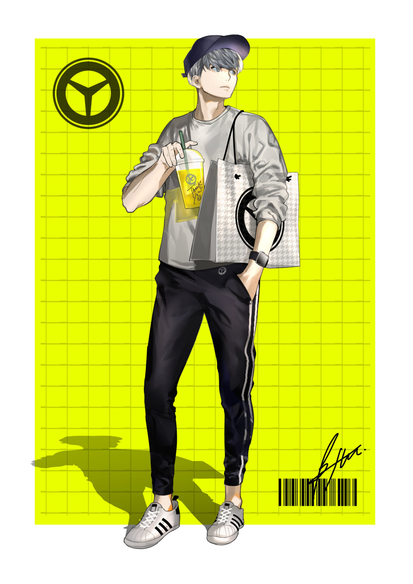 1boy absurdres alternate_costume bag bangs barcode black_headwear black_pants btmr_game closed_mouth cup disposable_cup full_body grey_eyes hand_in_pocket hat highres holding holding_cup male_focus narukami_yuu pants persona persona_4 shirt shoes shopping_bag signature silver_hair simple_background sneakers solo standing track_pants watch watch white_footwear