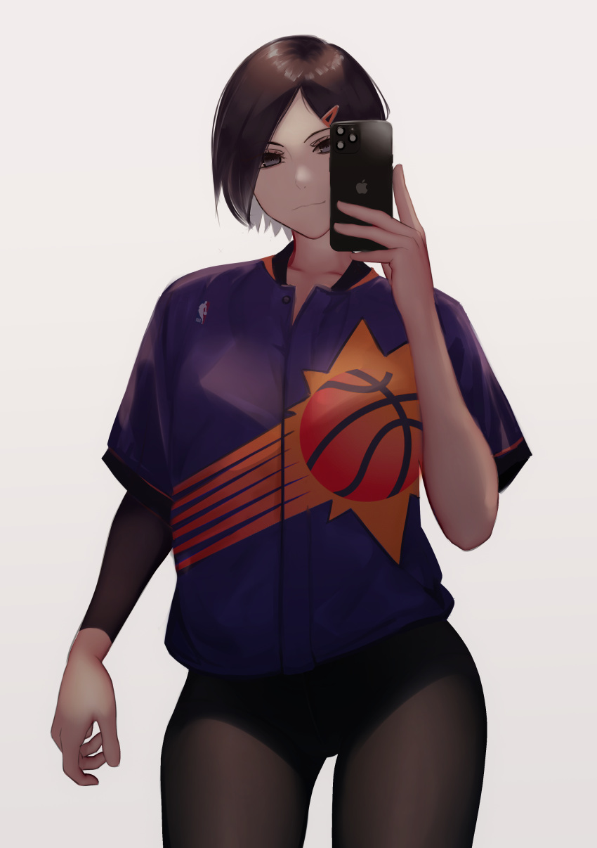 1girl absurdres bangs black_eyes black_pants brown_hair cellphone contrapposto cowboy_shot detached_sleeves hair_ornament hairclip highres holding holding_phone iphone jersey national_basketball_association original pants parted_bangs phoenix_suns phone selfie short_hair single_detached_sleeve smartphone solo sportswear standing tight tight_pants white_background yoga_pants zaki_(zaki_btw)