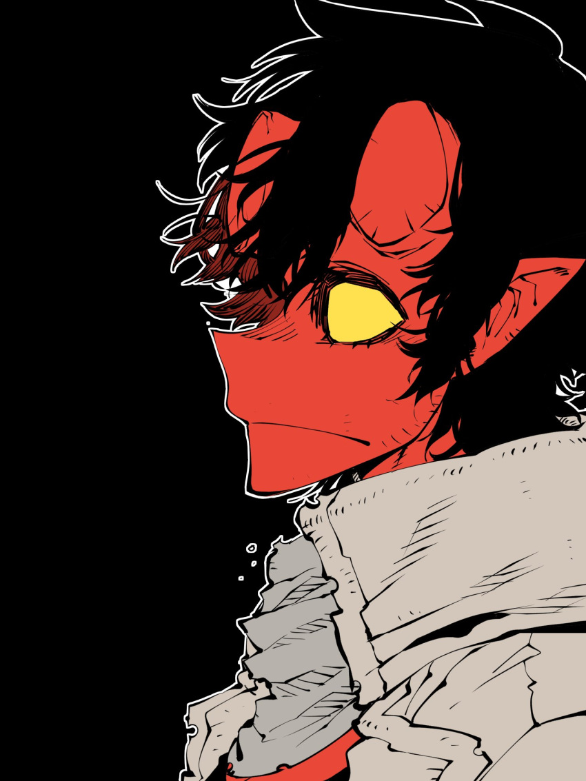 1girl black_background black_hair blank_eyes broken_horn closed_mouth colored_sclera from_side genderswap genderswap_(mtf) hellboy hellboy_(comic) highres horns pointy_ears profile simple_background solo ssambatea upper_body yellow_sclera