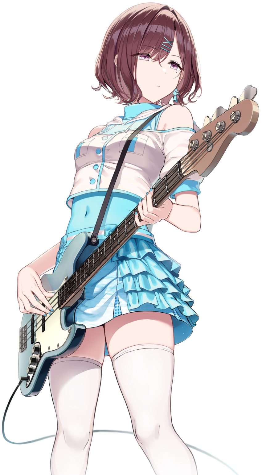 1girl bare_shoulders bass_guitar blue_shirt blue_skirt breasts brown_hair closed_mouth covered_navel crop_top crop_top_overhang expressionless frilled_skirt frills greatmosu hair_ornament hairclip highres higuchi_madoka holding idolmaster idolmaster_shiny_colors instrument looking_away miniskirt mole mole_under_eye off-shoulder_shirt off_shoulder shirt short_hair short_sleeves simple_background skirt sleeveless sleeveless_shirt sleeveless_turtleneck small_breasts solo standing strap thigh-highs turtleneck undershirt violet_eyes white_background white_legwear white_shirt zettai_ryouiki