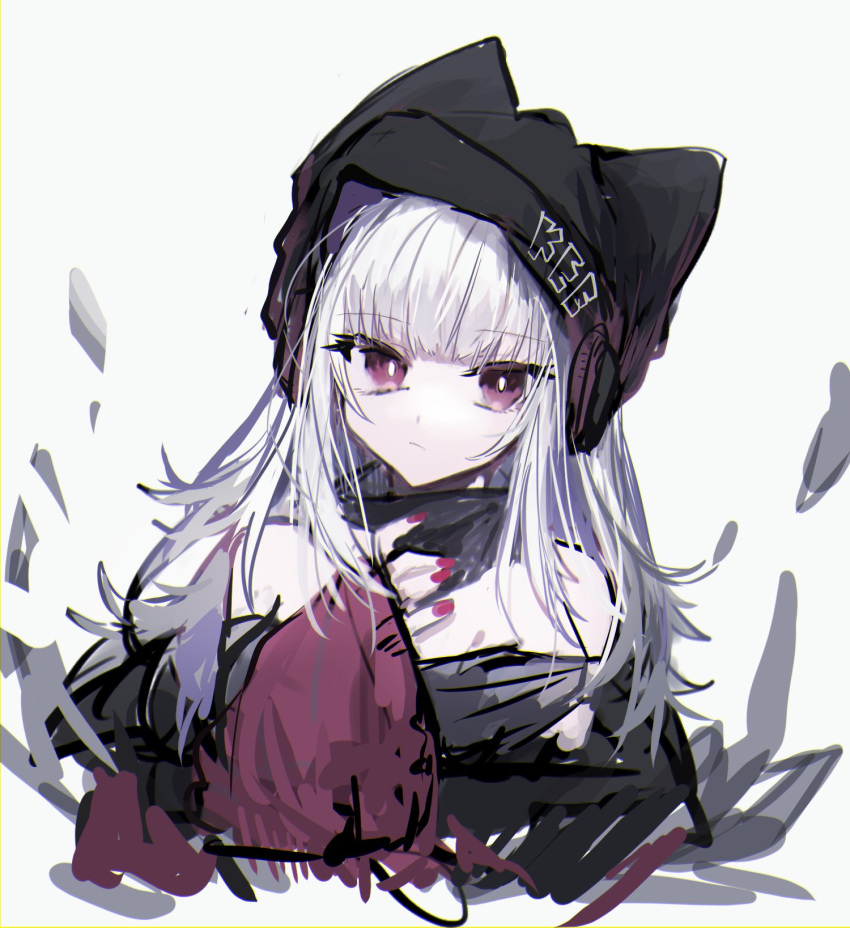 1girl animal_ears arknights bare_shoulders beanie black_headwear black_scarf black_shirt clothes_writing ears_through_headwear fox_ears frostleaf_(arknights) hand_up hat headphones highres implied_extra_ears jacket long_hair looking_at_viewer off-shoulder_shirt off_shoulder one-hour_drawing_challenge purple_jacket red_nails scarf shirt simple_background sketch solo uawa upper_body violet_eyes white_background white_hair