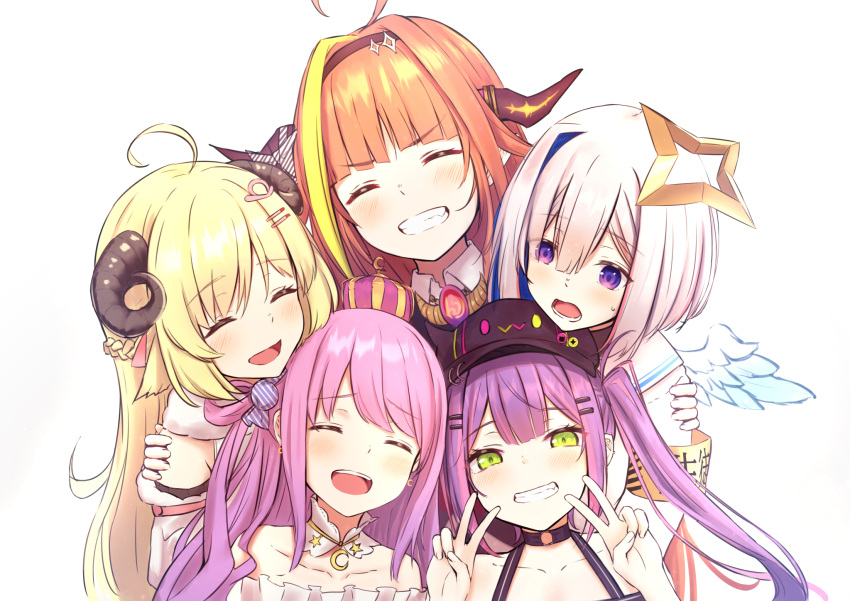 5girls ahoge amane_kanata angel_wings armband blonde_hair candy_hair_ornament closed_eyes crown double_v dragon_horns ear_piercing earrings food-themed_hair_ornament grin hair_ornament hairclip halo hand_on_another's_shoulder hat highres himemori_luna hololive horns jewelry kiryu_coco long_hair multiple_girls orange_hair piercing pikao pink_hair pointy_ears purple_hair sheep_horns silver_hair smile tokoyami_towa tsunomaki_watame twintails v virtual_youtuber white_background wings