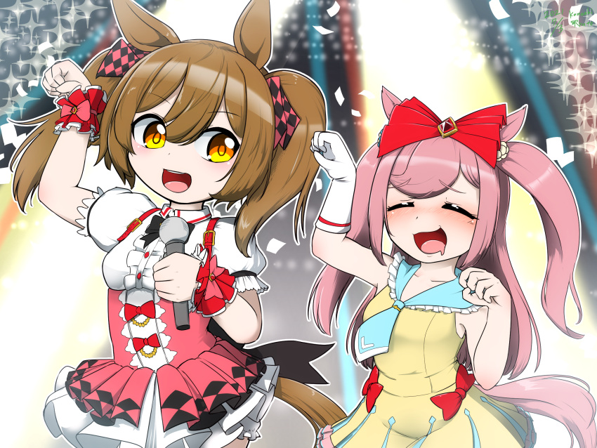 2girls agnes_digital_(umamusume) animal_ears blush brown_hair closed_eyes dancing gloves highres horse_ears horse_girl kanzaki_ryuto long_hair looking_at_viewer medium_hair multiple_girls pink_hair pose smart_falcon_(umamusume) stage stage_lights tears umamusume