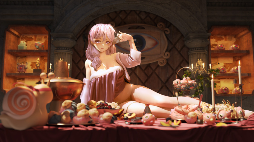 1girl alcohol breasts candle eyes food fruit grapes highres large_breasts light_smile long_legs lying maocha on_side on_table original peach purple_hair sake snail table thighs thong violet_eyes wet wet_clothes