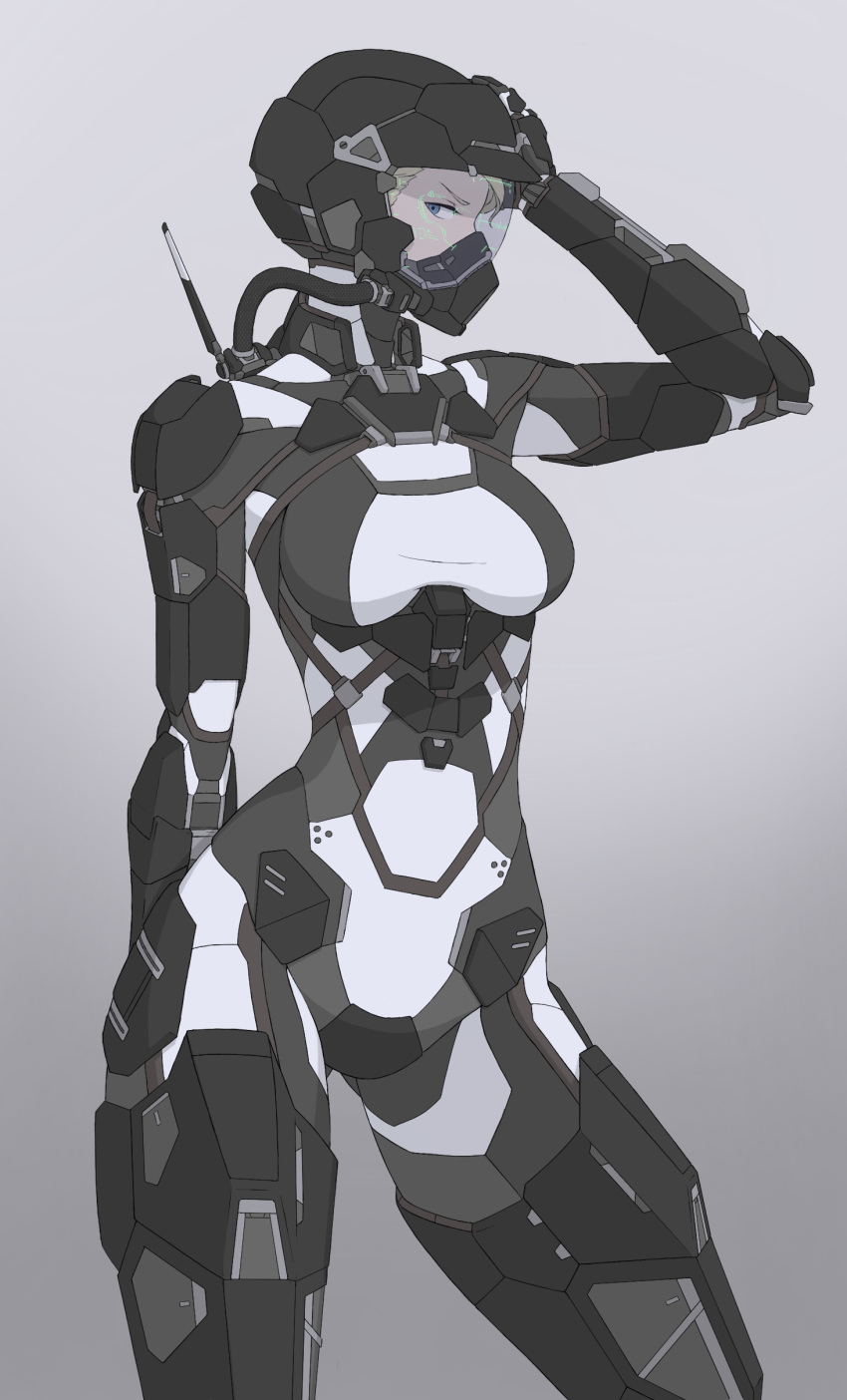 1girl absurdres arm_at_side armor blonde_hair blue_eyes bodysuit breasts commission dot_(pixiv31843045) english_commentary flat_color full_armor gradient gradient_background grey_background hand_on_own_head heads-up_display helmet highres looking_at_viewer medium_breasts original respirator science_fiction skin_tight solo tube