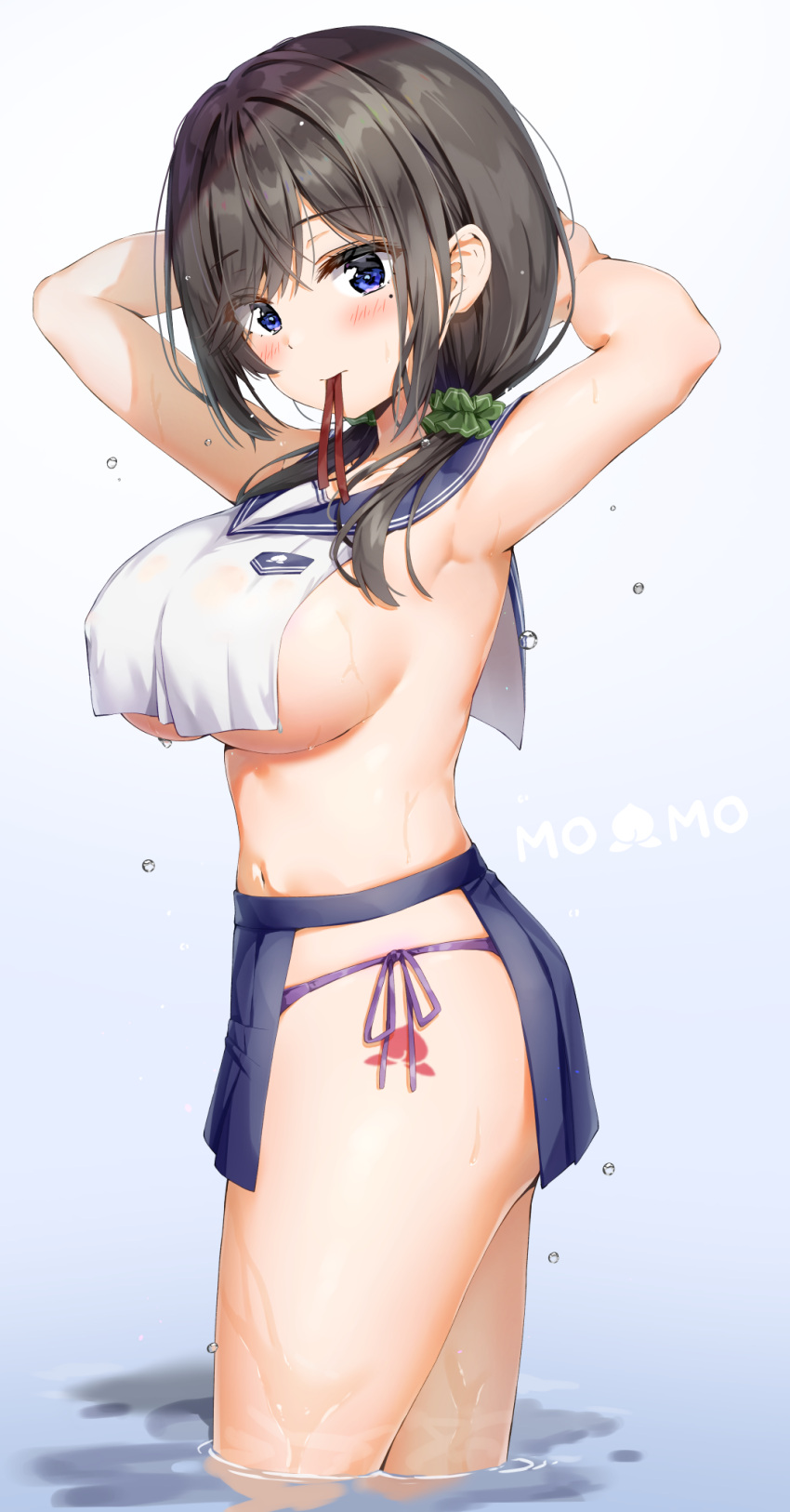 1girl armpits arms_behind_head arms_up bangs bare_arms bare_shoulders bikini black_hair blue_eyes blue_skirt blush breasts brown_hair crop_top crop_top_overhang from_side hair_ornament hair_over_shoulder hair_scrunchie highres kuria_(clear_trip_second) large_breasts long_hair looking_at_viewer low_twintails medium_hair midriff miniskirt mole mole_under_eye mouth_hold navel no_bra original pelvic_curtain pleated_skirt purple_bikini red_ribbon revealing_clothes ribbon sailor_collar scrunchie shirt side-tie_bikini sideboob simple_background skirt sleeveless sleeveless_shirt solo string_bikini swimsuit thigh_tattoo thighs twintails under_boob wading water wet white_background white_shirt