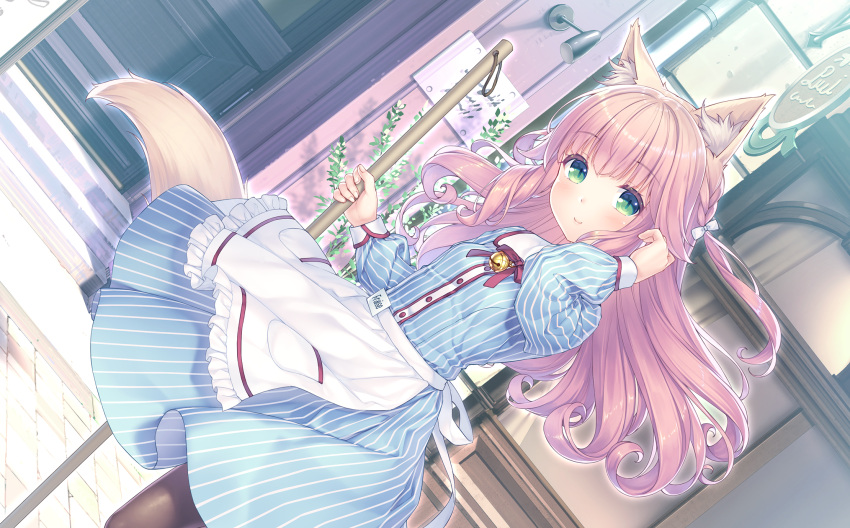 1girl animal_ear_fluff animal_ears apron bell blue_dress bow braid cat_ears cat_girl cat_tail dress dutch_slope eyebrows_visible_through_hair fraise_(nekopara) game_cg green_eyes hair_bow hand_up highres holding holding_mop long_hair looking_at_viewer mop neck_bell nekopara outdoors pink_hair sayori_(neko_works) smile solo tail waist_apron white_apron