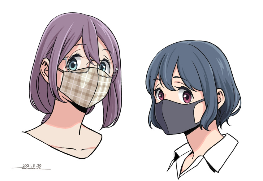2girls black_mask blue_hair collarbone collared_shirt commentary_request dated eyebrows_visible_through_hair glasses hair_between_eyes head_only horikou kagamihara_shizuka mask mouth_mask multiple_girls shima_saki shirt signature trait_connection violet_eyes yurucamp