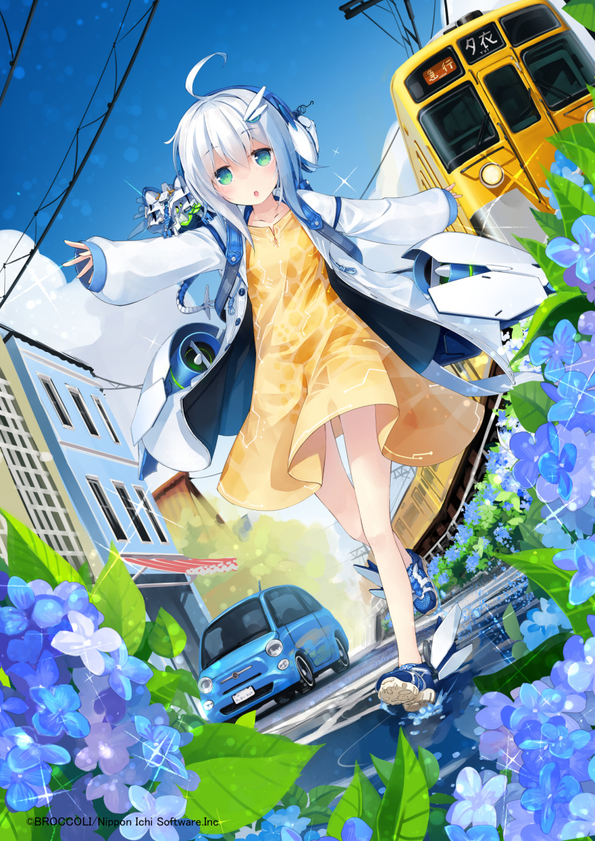 1girl :o ahoge bangs car dress eyebrows_visible_through_hair flower green_eyes ground_vehicle hair_between_eyes hair_ornament hairclip highres long_sleeves motor_vehicle nanaroku_(fortress76) open_mouth shoes sleeves_past_wrists solo white_hair z/x zzz
