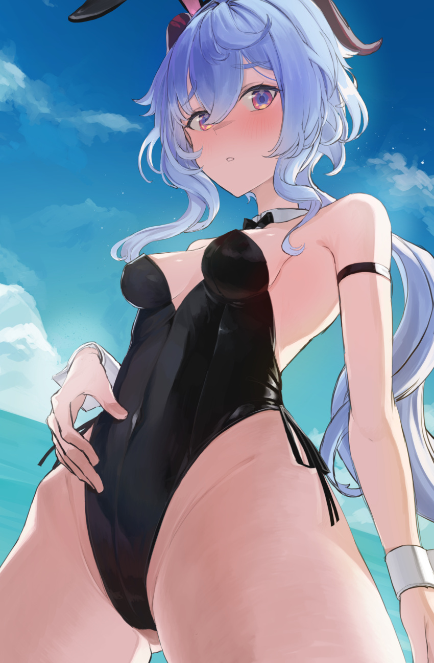 1girl absurdres animal_ears arm_strap bare_shoulders black_leotard blue_hair blue_sky blush bow bowtie breasts covered_navel cowboy_shot detached_collar ganyu_(genshin_impact) genshin_impact groin highleg highleg_leotard highres horns leotard looking_at_viewer parted_lips playboy_bunny rabbit_ears sky small_breasts solo strigidae violet_eyes wrist_cuffs