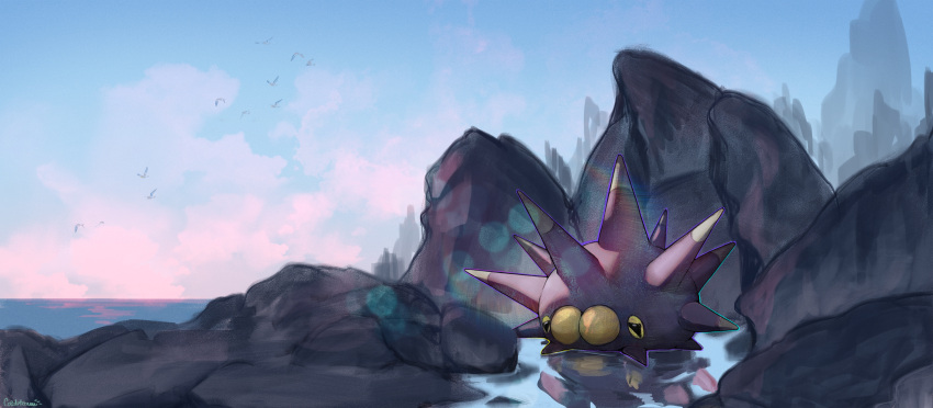 absurdres bird black_eyes clouds coldsteam commentary_request day gen_8_pokemon highres no_humans outdoors photoshop_(medium) pincurchin pokemon pokemon_(creature) puddle rock sky water