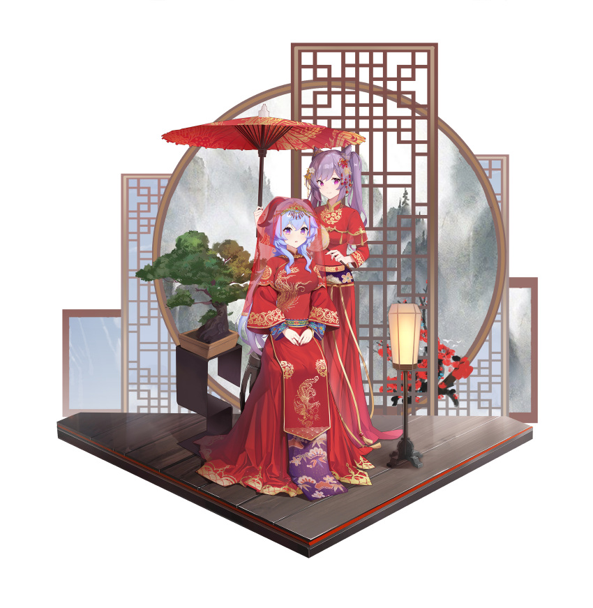 2girls absurdres alternate_costume bangs blue_hair blush bonsai breasts chinese_clothes closed_mouth commentary_request dress fan flower full_body ganyu_(genshin_impact) genshin_impact goat_horns hair_cones hair_flower hair_ornament highres holding holding_fan holding_umbrella horns keqing_(genshin_impact) lantern large_breasts long_dress long_hair long_sleeves looking_at_viewer luckin317 medium_breasts multiple_girls nail_polish oil-paper_umbrella own_hands_together parted_lips print_dress purple_hair red_dress red_nails see-through sitting smile standing twintails umbrella very_long_hair violet_eyes wooden_floor