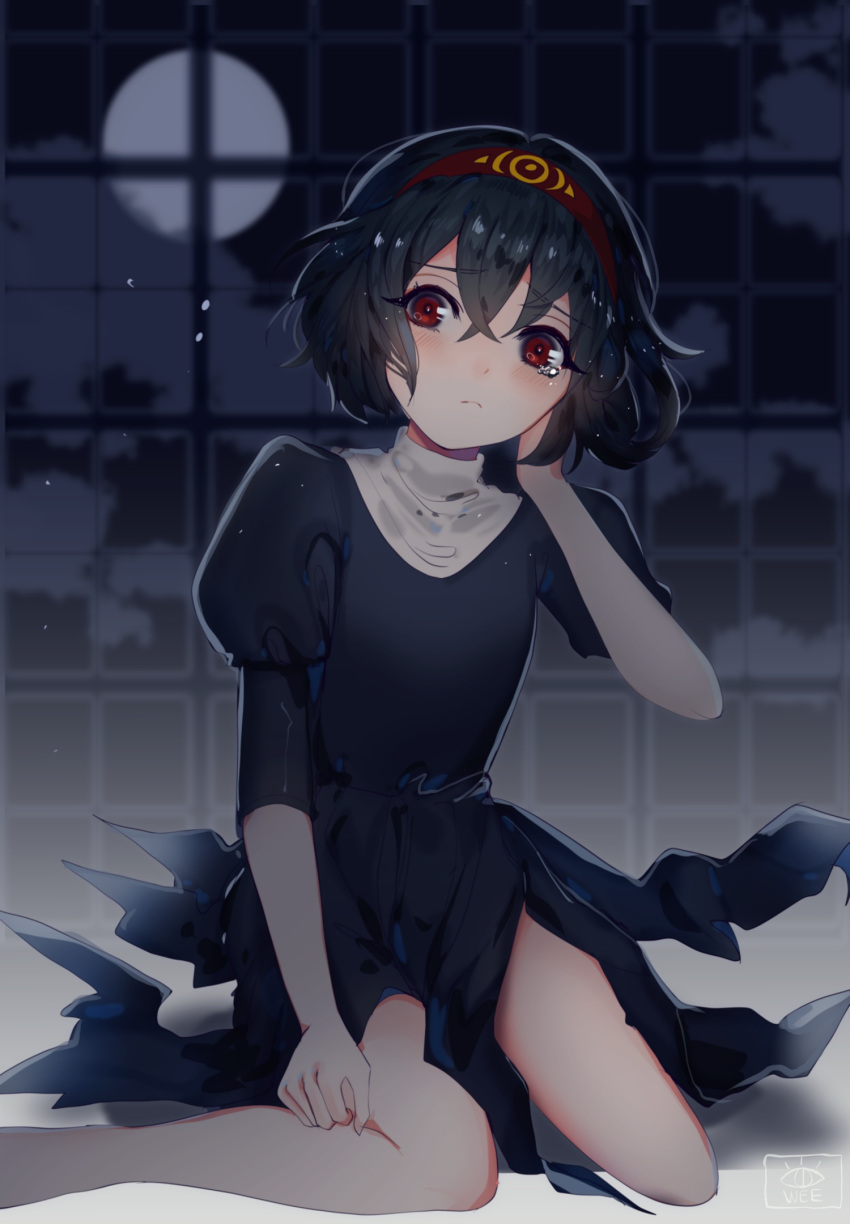 1girl awee bangs bare_legs black_dress black_hair blush commentary doppelganger_(monster_girl_encyclopedia) dress eyebrows_visible_through_hair frown full_moon hair_between_eyes hairband hand_on_own_cheek hand_on_own_face highres looking_at_viewer mixed-language_commentary monster_girl_encyclopedia moon night puffy_sleeves red_eyes red_hairband short_hair sitting solo tears window
