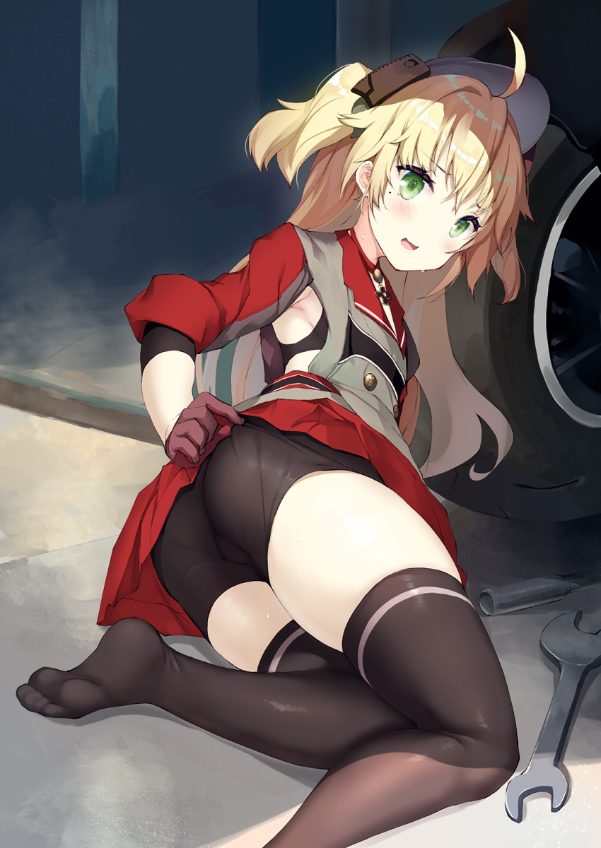 1girl admiral_hipper_(azur_lane) ahoge armpit_cutout armpits ass azur_lane bangs bike_shorts bike_shorts_pull black_bra black_legwear blonde_hair blush bra bra_peek brown_gloves buttons choker clothing_cutout commentary_request double-breasted elbow_sleeve embarrassed eyebrows_visible_through_hair flat_chest gloves green_eyes grey_jacket ground_vehicle hair_between_eyes headgear highres indoors iron_cross jacket long_hair looking_at_viewer lying mole mole_under_eye motor_vehicle motorcycle no_shoes ochinsama on_side open_mouth pleated_skirt red_choker red_gloves red_skirt red_sleeves shadow sidelocks skindentation skirt solo sweat thigh-highs two-tone_gloves two_side_up underwear upper_teeth wrench